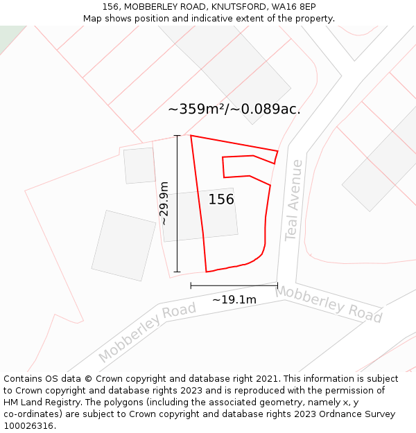 156, MOBBERLEY ROAD, KNUTSFORD, WA16 8EP: Plot and title map