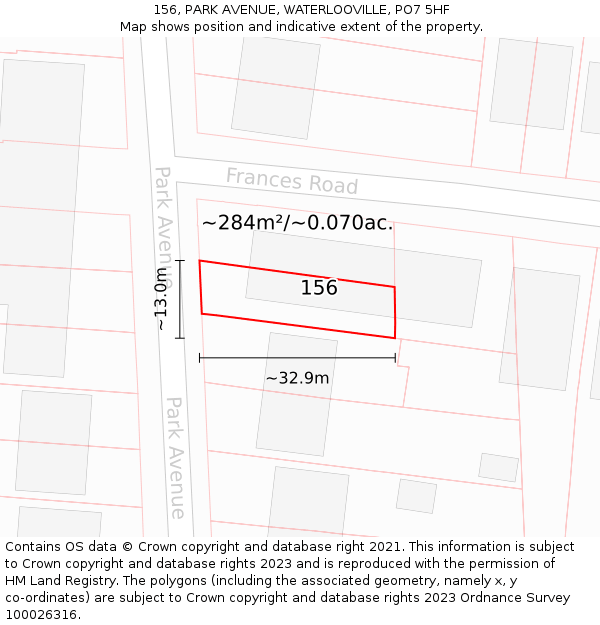 156, PARK AVENUE, WATERLOOVILLE, PO7 5HF: Plot and title map