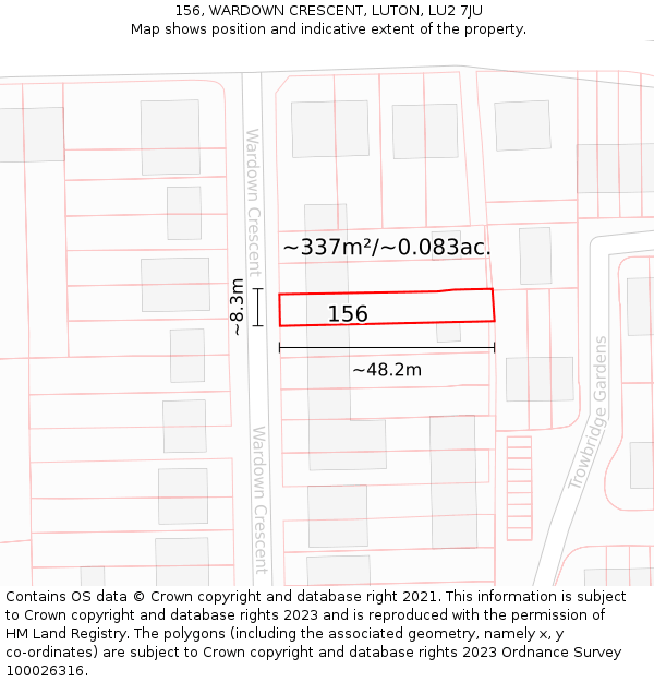 156, WARDOWN CRESCENT, LUTON, LU2 7JU: Plot and title map