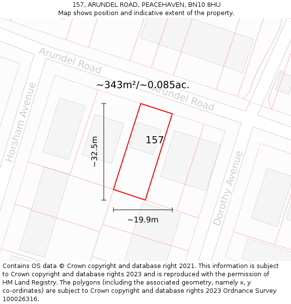 157, ARUNDEL ROAD, PEACEHAVEN, BN10 8HU: Plot and title map