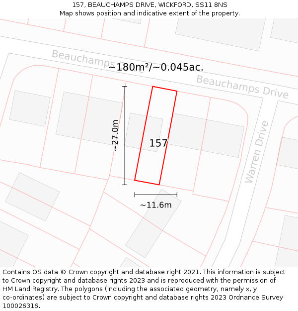 157, BEAUCHAMPS DRIVE, WICKFORD, SS11 8NS: Plot and title map