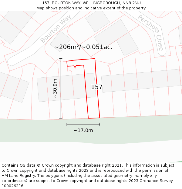 157, BOURTON WAY, WELLINGBOROUGH, NN8 2NU: Plot and title map