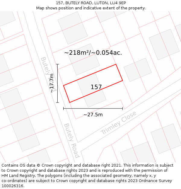 157, BUTELY ROAD, LUTON, LU4 9EP: Plot and title map