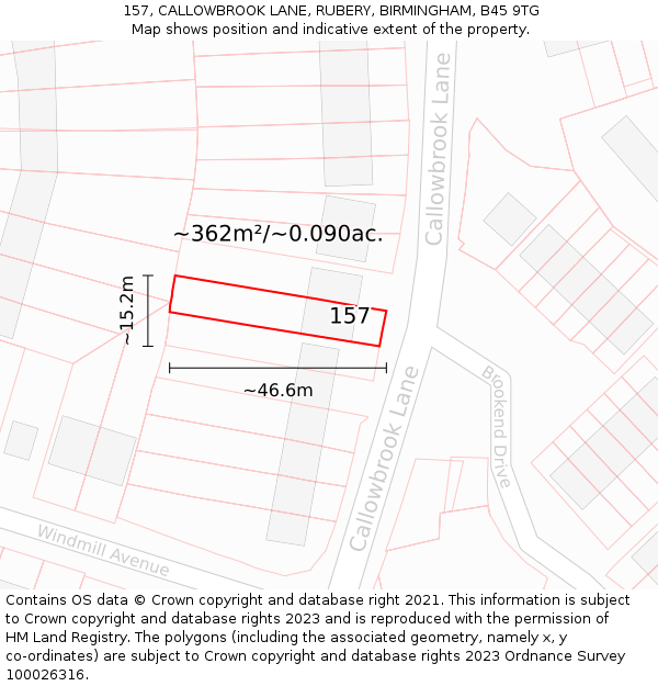 157, CALLOWBROOK LANE, RUBERY, BIRMINGHAM, B45 9TG: Plot and title map