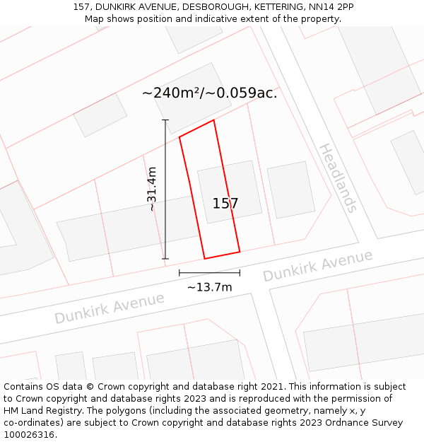 157, DUNKIRK AVENUE, DESBOROUGH, KETTERING, NN14 2PP: Plot and title map