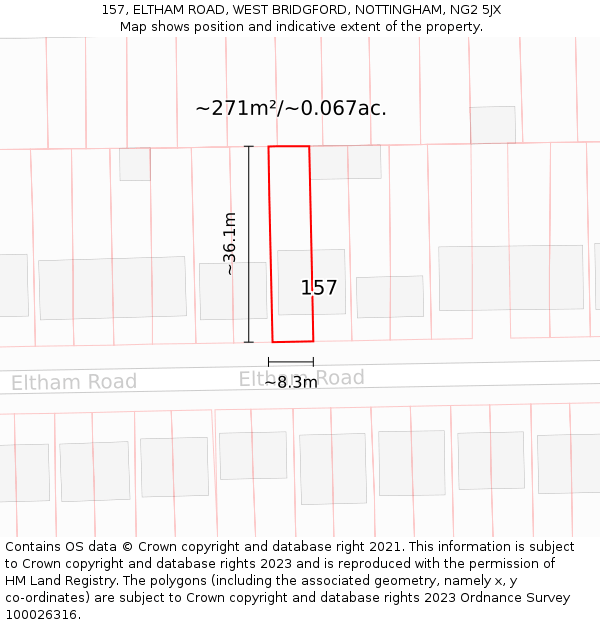 157, ELTHAM ROAD, WEST BRIDGFORD, NOTTINGHAM, NG2 5JX: Plot and title map