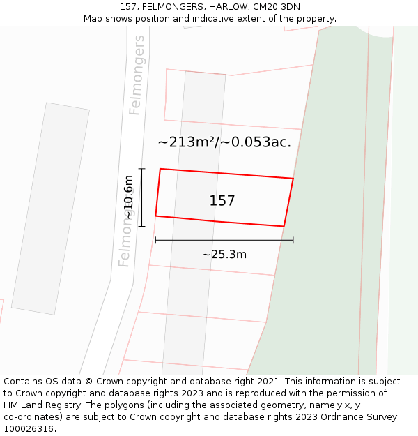 157, FELMONGERS, HARLOW, CM20 3DN: Plot and title map