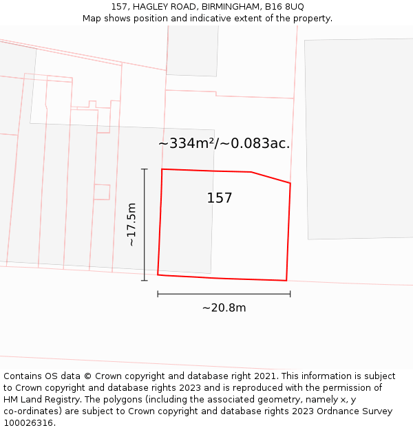 157, HAGLEY ROAD, BIRMINGHAM, B16 8UQ: Plot and title map