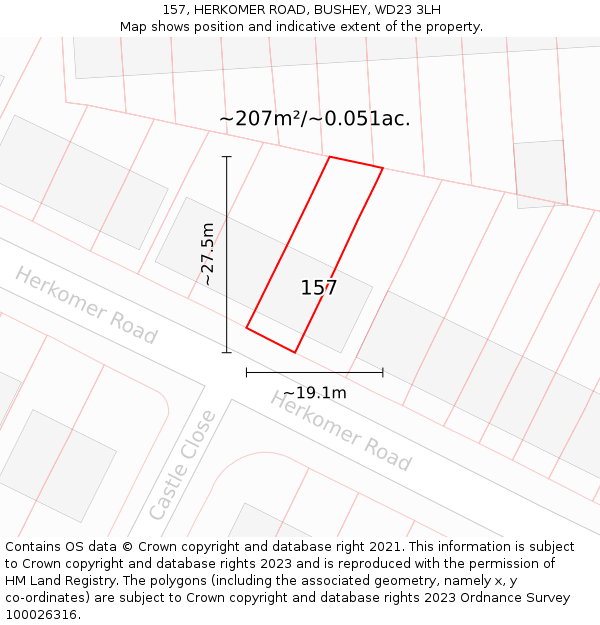 157, HERKOMER ROAD, BUSHEY, WD23 3LH: Plot and title map