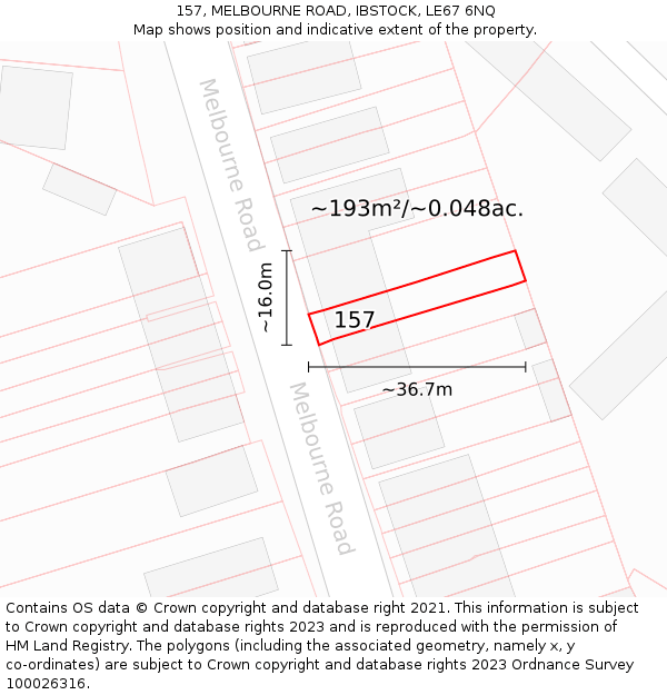157, MELBOURNE ROAD, IBSTOCK, LE67 6NQ: Plot and title map