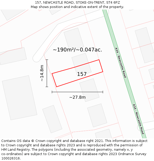 157, NEWCASTLE ROAD, STOKE-ON-TRENT, ST4 6PZ: Plot and title map