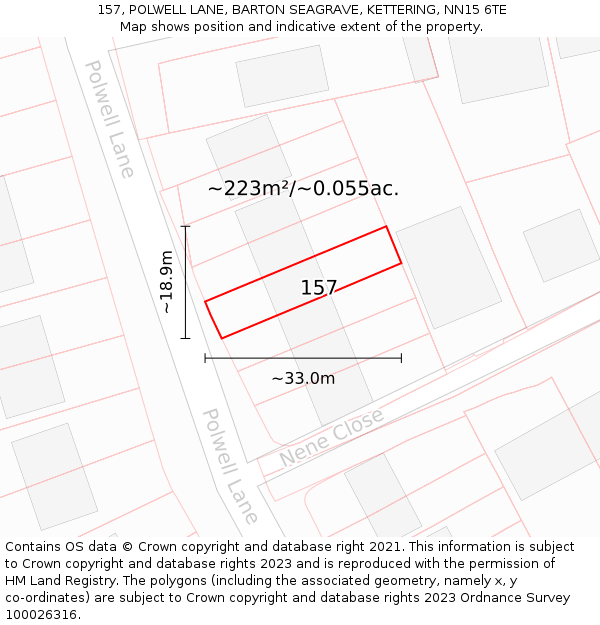 157, POLWELL LANE, BARTON SEAGRAVE, KETTERING, NN15 6TE: Plot and title map