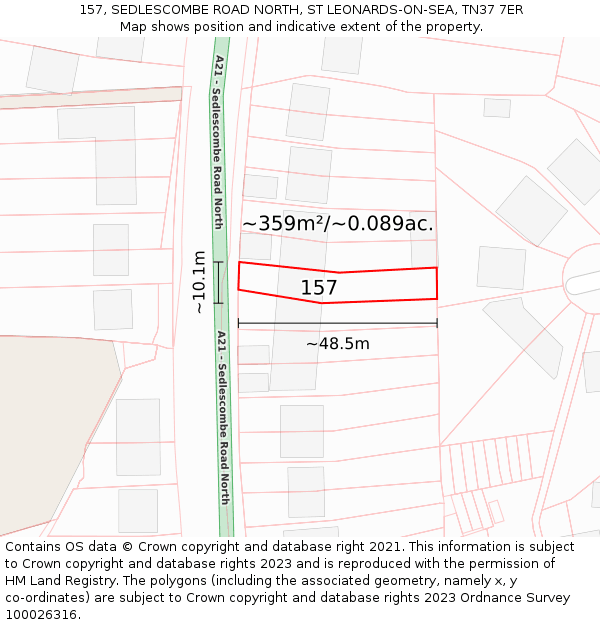 157, SEDLESCOMBE ROAD NORTH, ST LEONARDS-ON-SEA, TN37 7ER: Plot and title map