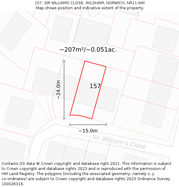 157, SIR WILLIAMS CLOSE, AYLSHAM, NORWICH, NR11 6AY: Plot and title map