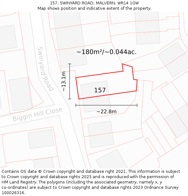 157, SWINYARD ROAD, MALVERN, WR14 1GW: Plot and title map