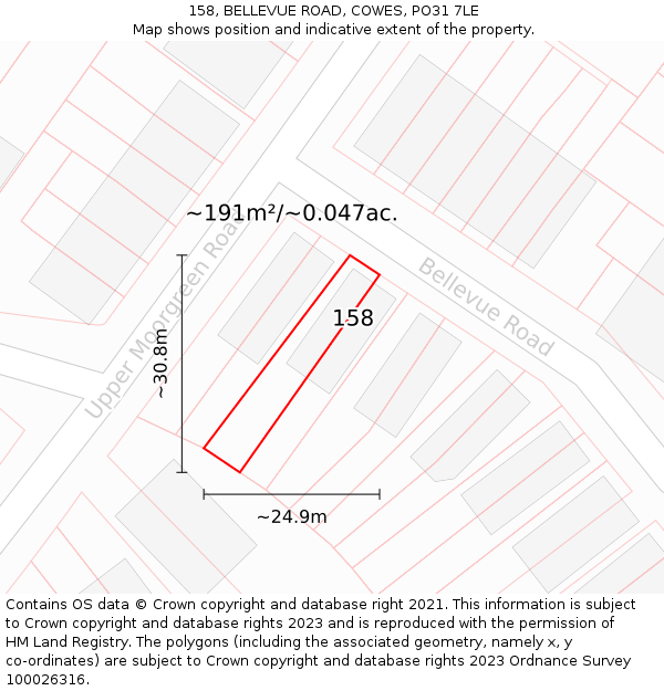 158, BELLEVUE ROAD, COWES, PO31 7LE: Plot and title map