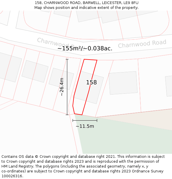 158, CHARNWOOD ROAD, BARWELL, LEICESTER, LE9 8FU: Plot and title map