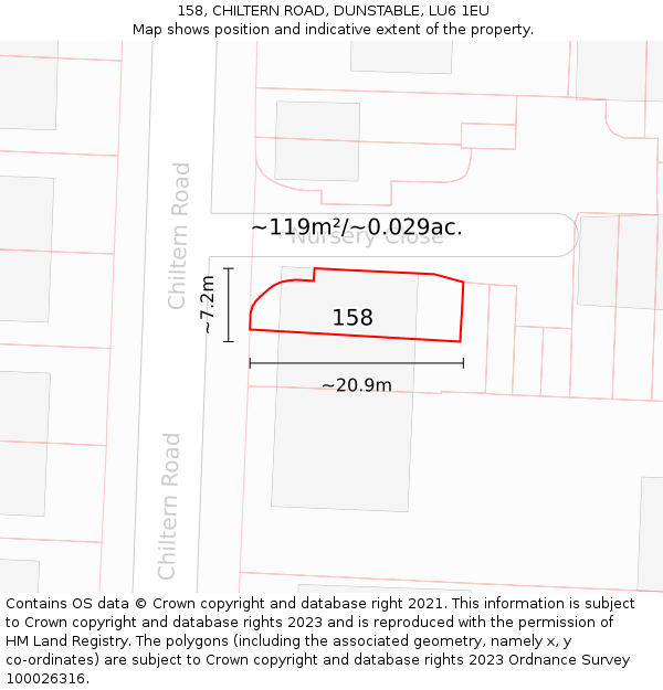 158, CHILTERN ROAD, DUNSTABLE, LU6 1EU: Plot and title map