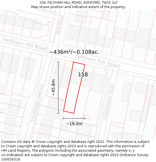 158, FELTHAM HILL ROAD, ASHFORD, TW15 1LF: Plot and title map