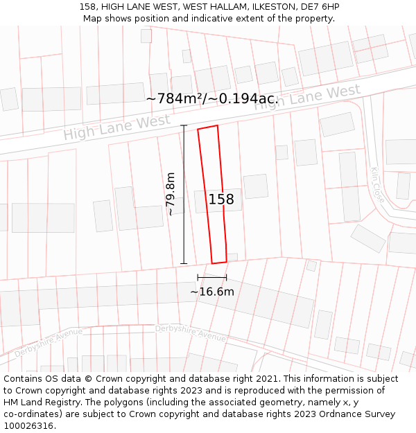 158, HIGH LANE WEST, WEST HALLAM, ILKESTON, DE7 6HP: Plot and title map