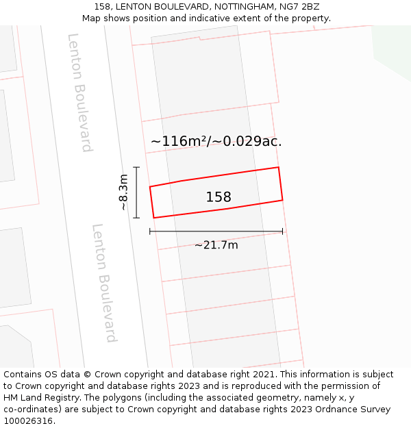 158, LENTON BOULEVARD, NOTTINGHAM, NG7 2BZ: Plot and title map