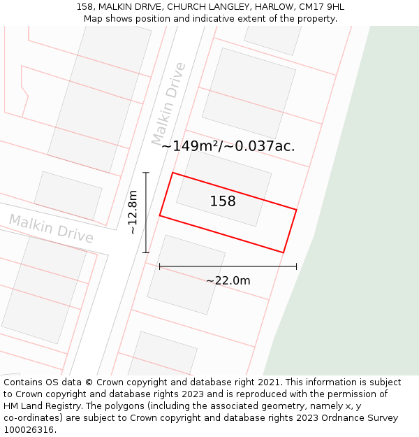 158, MALKIN DRIVE, CHURCH LANGLEY, HARLOW, CM17 9HL: Plot and title map