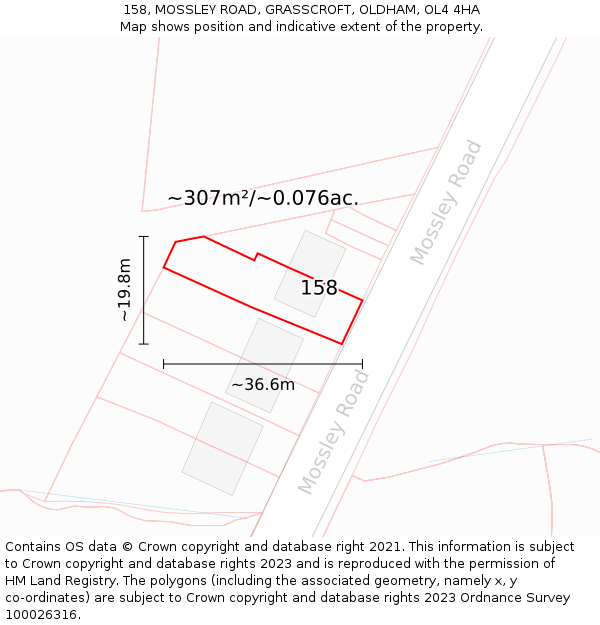 158, MOSSLEY ROAD, GRASSCROFT, OLDHAM, OL4 4HA: Plot and title map