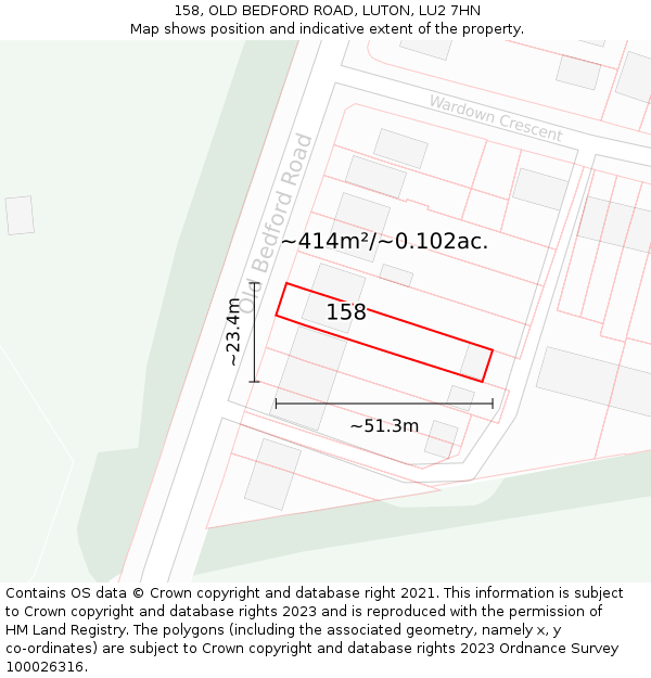 158, OLD BEDFORD ROAD, LUTON, LU2 7HN: Plot and title map