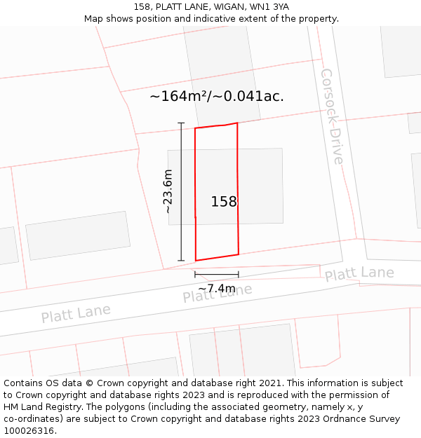 158, PLATT LANE, WIGAN, WN1 3YA: Plot and title map