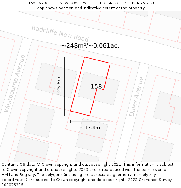 158, RADCLIFFE NEW ROAD, WHITEFIELD, MANCHESTER, M45 7TU: Plot and title map