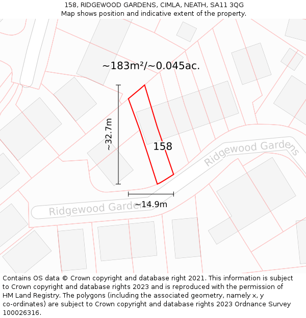 158, RIDGEWOOD GARDENS, CIMLA, NEATH, SA11 3QG: Plot and title map