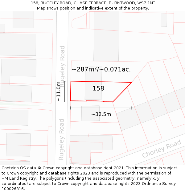 158, RUGELEY ROAD, CHASE TERRACE, BURNTWOOD, WS7 1NT: Plot and title map