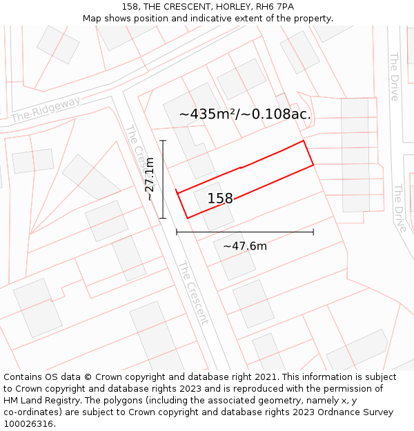 158, THE CRESCENT, HORLEY, RH6 7PA: Plot and title map