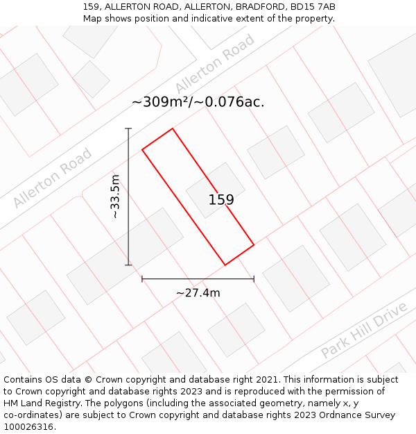 159, ALLERTON ROAD, ALLERTON, BRADFORD, BD15 7AB: Plot and title map