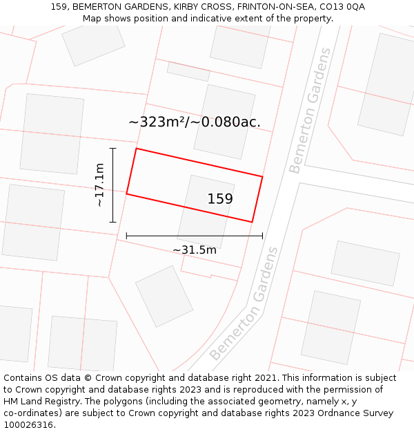 159, BEMERTON GARDENS, KIRBY CROSS, FRINTON-ON-SEA, CO13 0QA: Plot and title map