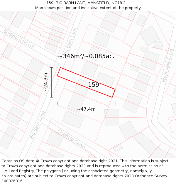 159, BIG BARN LANE, MANSFIELD, NG18 3LH: Plot and title map