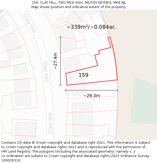 159, CLAY HILL, TWO MILE ASH, MILTON KEYNES, MK8 8JL: Plot and title map