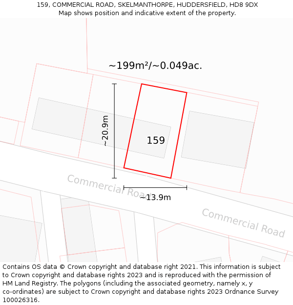 159, COMMERCIAL ROAD, SKELMANTHORPE, HUDDERSFIELD, HD8 9DX: Plot and title map