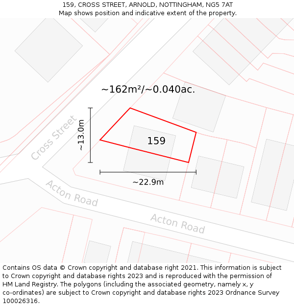 159, CROSS STREET, ARNOLD, NOTTINGHAM, NG5 7AT: Plot and title map