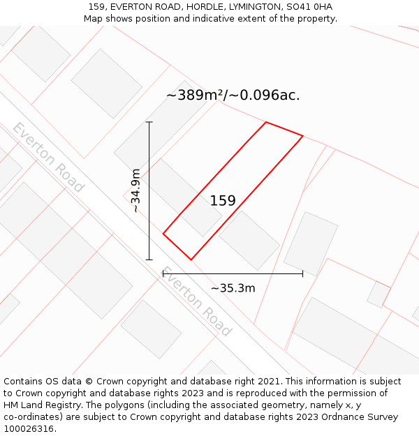 159, EVERTON ROAD, HORDLE, LYMINGTON, SO41 0HA: Plot and title map