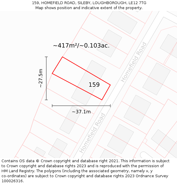 159, HOMEFIELD ROAD, SILEBY, LOUGHBOROUGH, LE12 7TG: Plot and title map