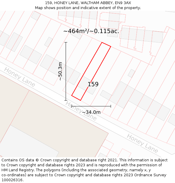 159, HONEY LANE, WALTHAM ABBEY, EN9 3AX: Plot and title map