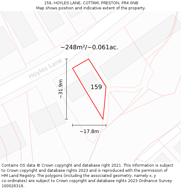 159, HOYLES LANE, COTTAM, PRESTON, PR4 0NB: Plot and title map