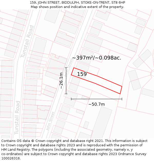 159, JOHN STREET, BIDDULPH, STOKE-ON-TRENT, ST8 6HP: Plot and title map