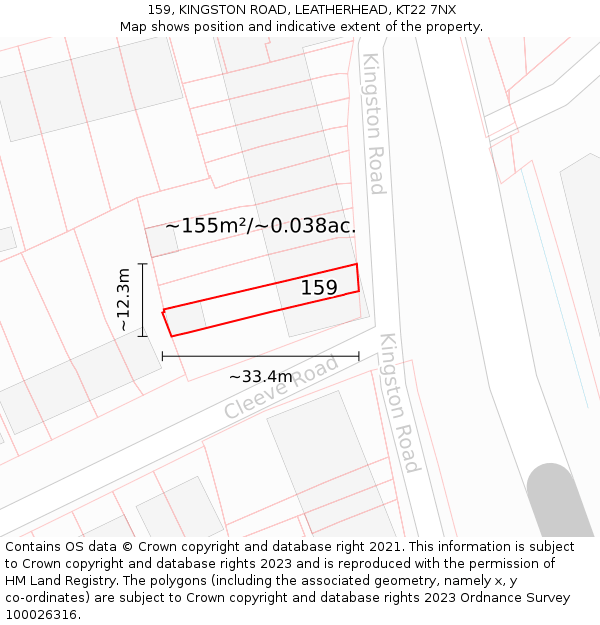 159, KINGSTON ROAD, LEATHERHEAD, KT22 7NX: Plot and title map