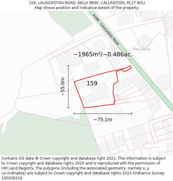 159, LAUNCESTON ROAD, KELLY BRAY, CALLINGTON, PL17 8DU: Plot and title map