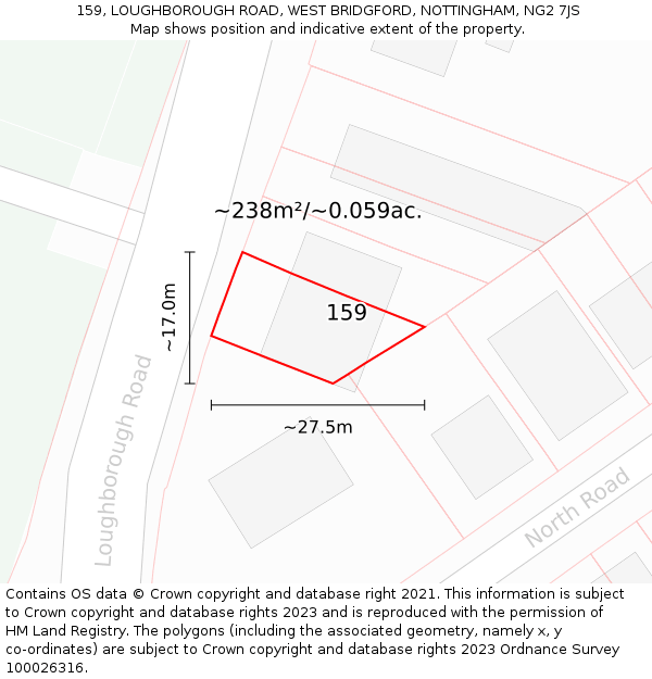 159, LOUGHBOROUGH ROAD, WEST BRIDGFORD, NOTTINGHAM, NG2 7JS: Plot and title map