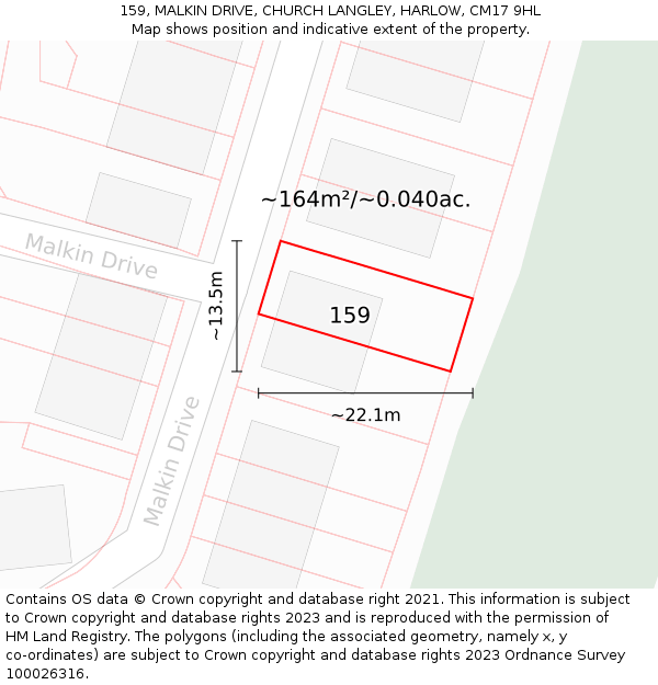 159, MALKIN DRIVE, CHURCH LANGLEY, HARLOW, CM17 9HL: Plot and title map