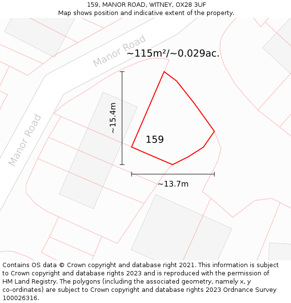 159, MANOR ROAD, WITNEY, OX28 3UF: Plot and title map