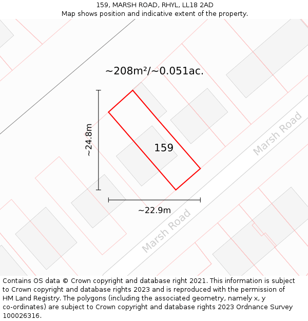 159, MARSH ROAD, RHYL, LL18 2AD: Plot and title map